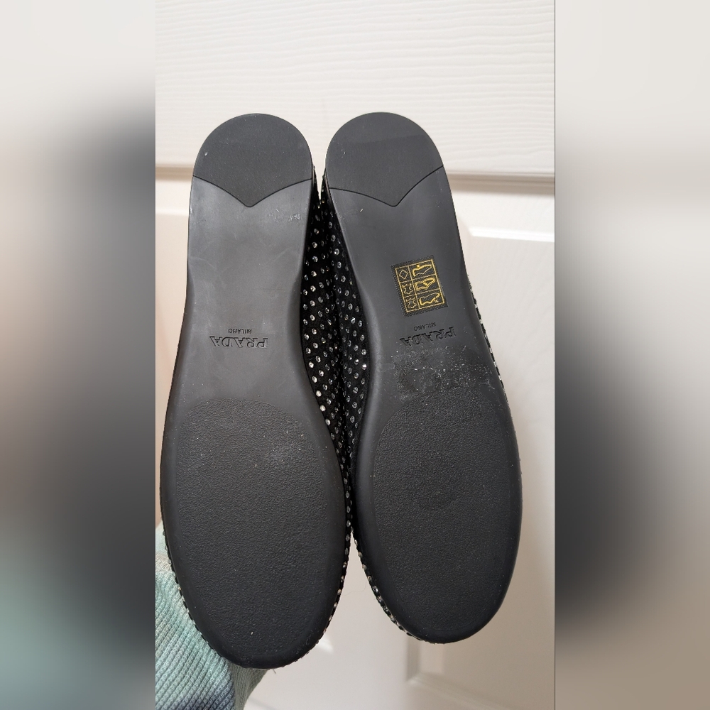 Prada Black Suede Ballerina Flats Dual Mary Jane Crystals Size 36.5 Logo NWOB - Picture 7 of 8